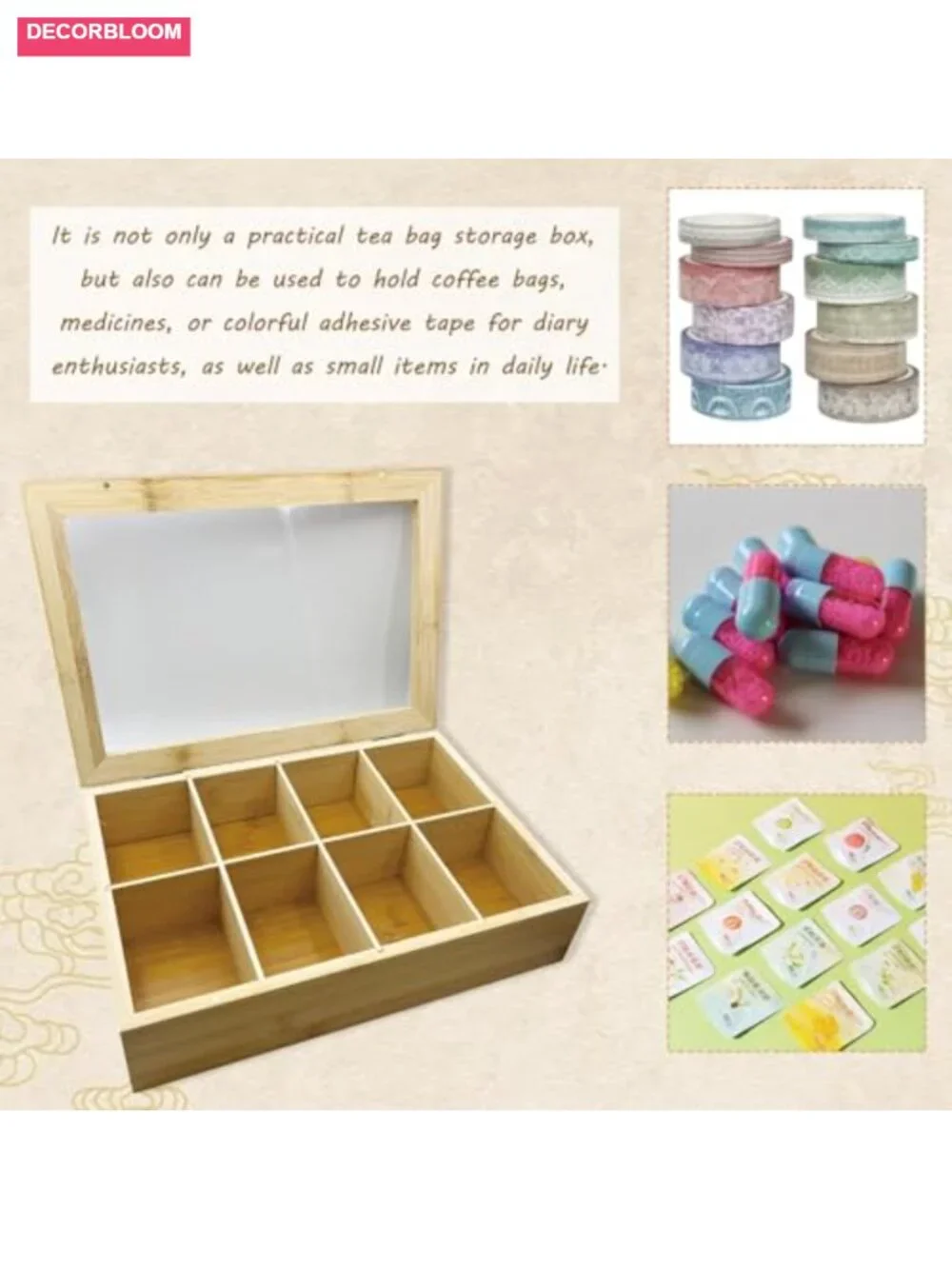 Bamboo Tea Bag Holder with Acrylic Lid - 8 Compartment Organizer